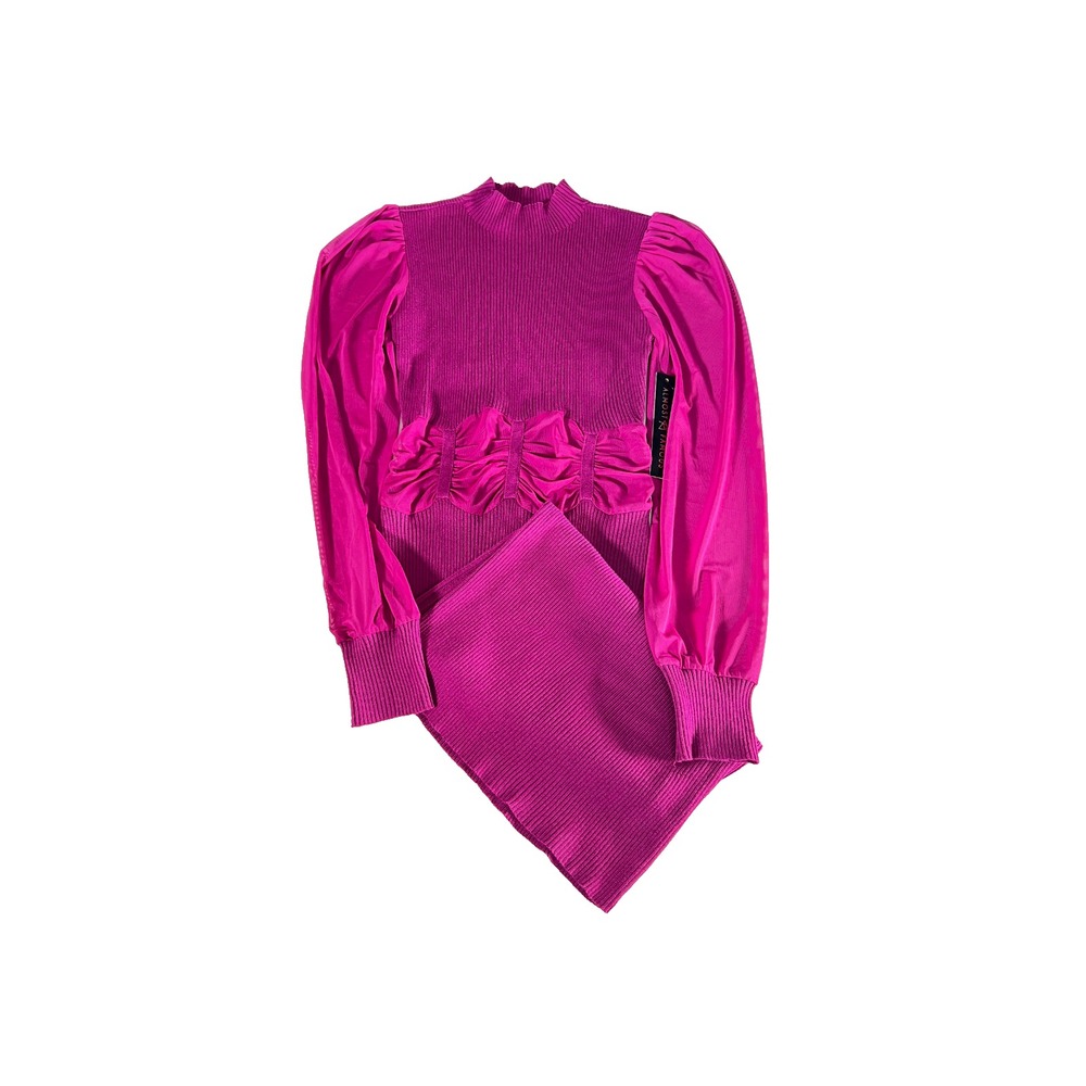 Almost Famous‎ M Fuchsia Knit Dress Long Sleeve Ruched Waist Bodycon Midi